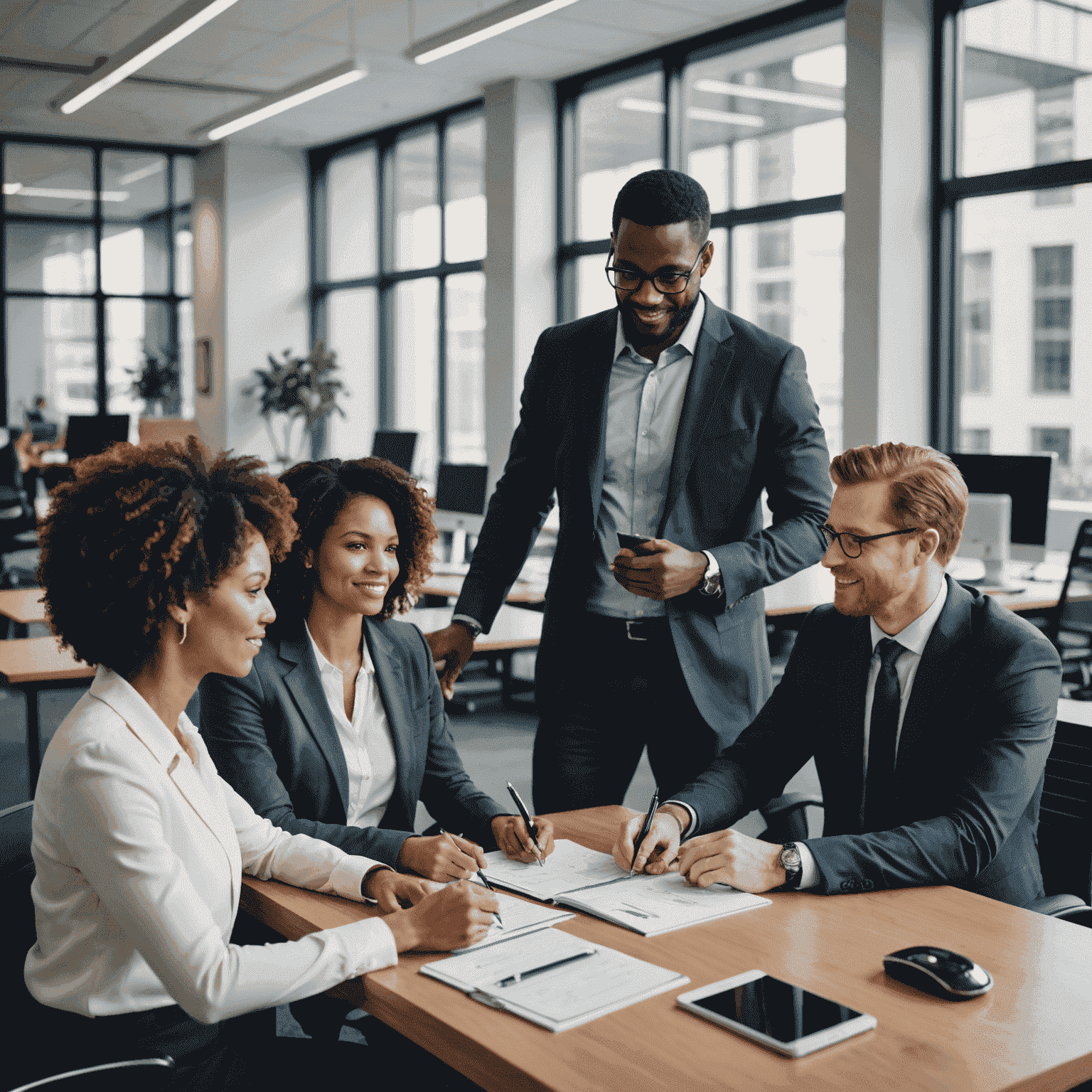 A diverse team of financial advisors collaborating in a modern office setting