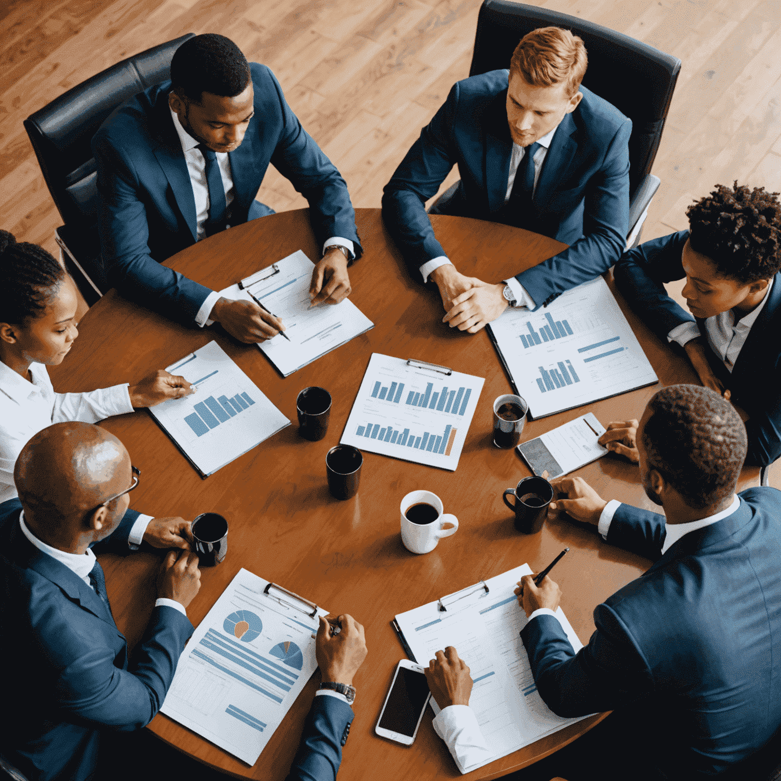 A team of business professionals gathered around a table, discussing strategic plans and growth opportunities for their company in South Africa.