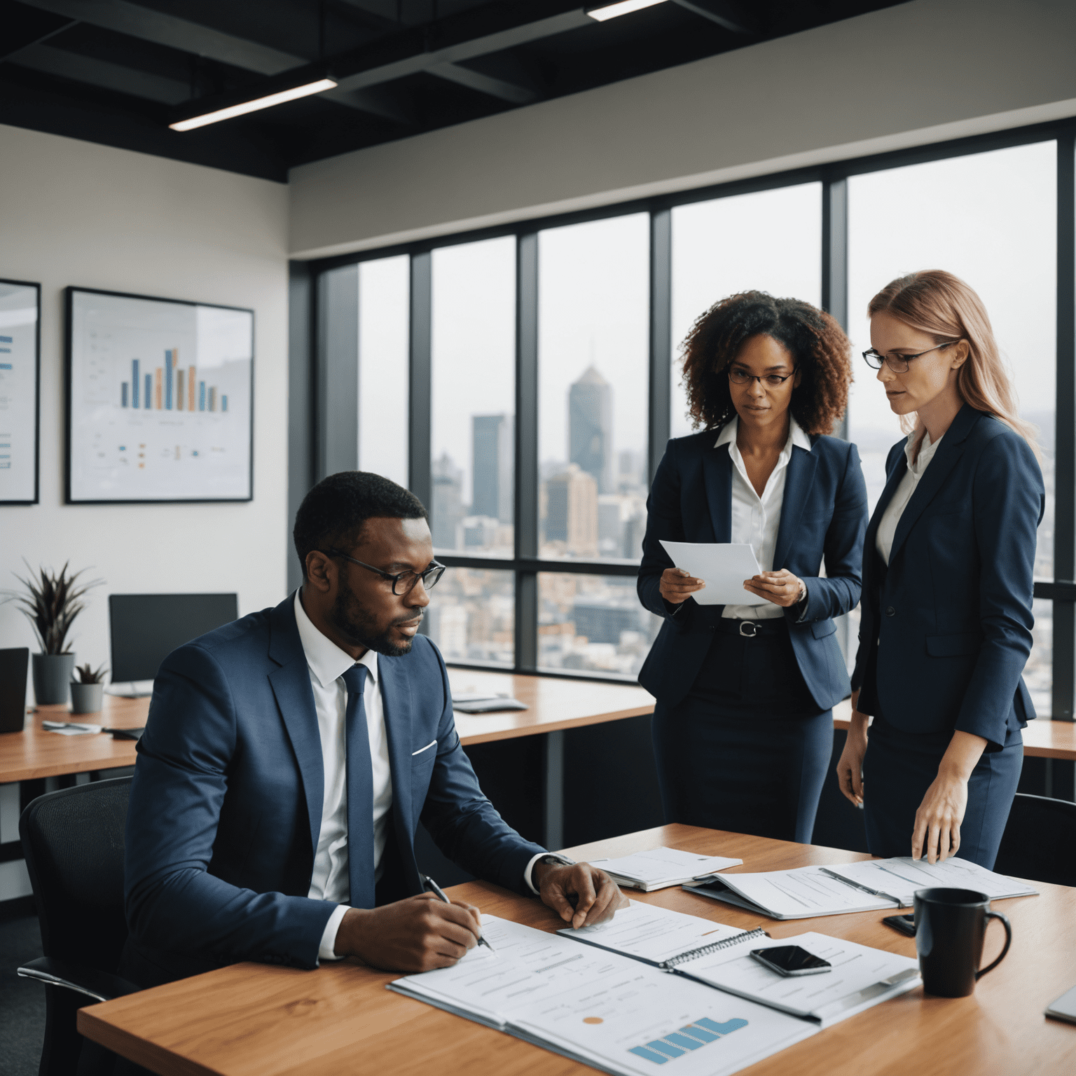 Business team discussing strategic planning in a modern office in Johannesburg, South Africa