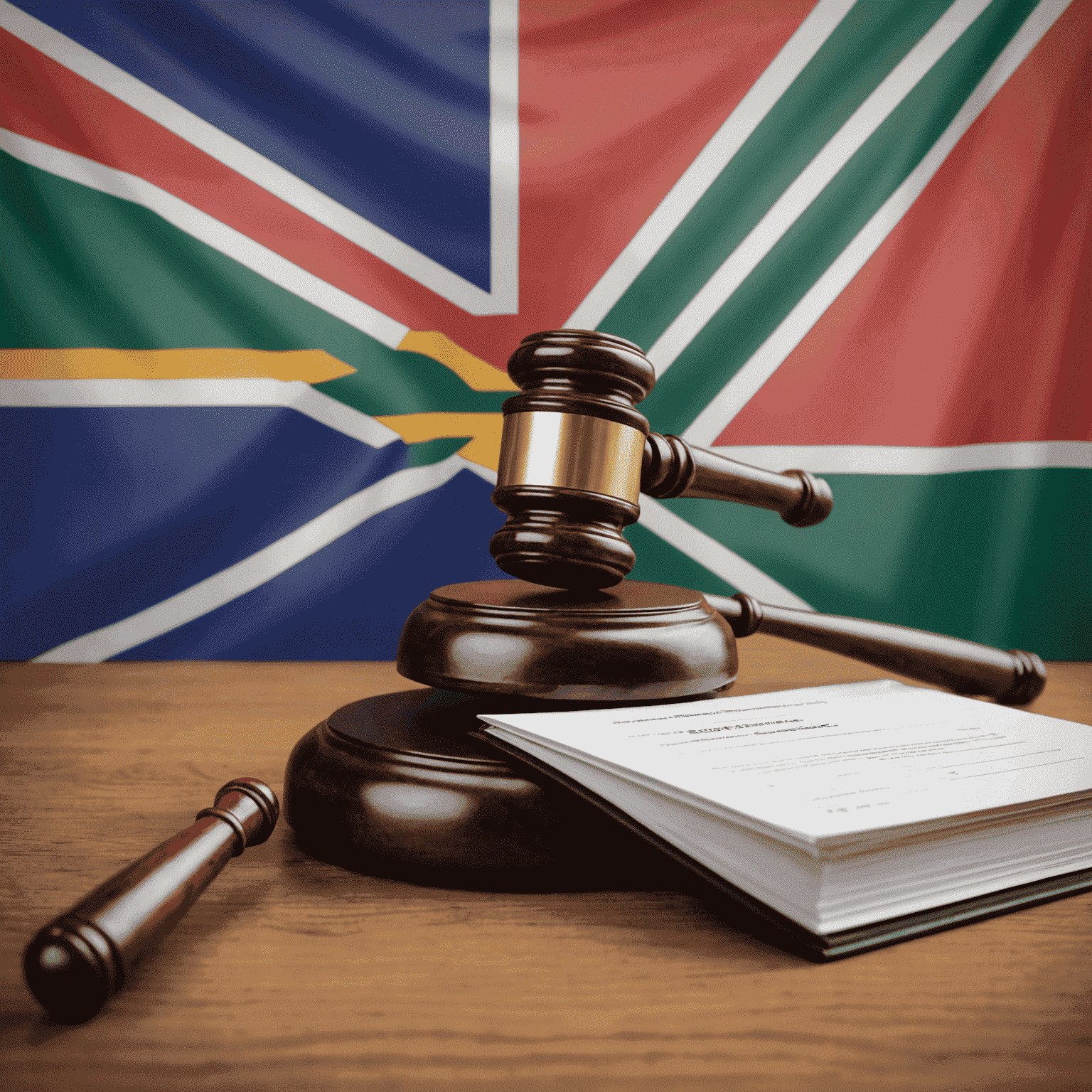 An image representing regulatory compliance in South Africa, with a gavel, legal documents, and the South African flag