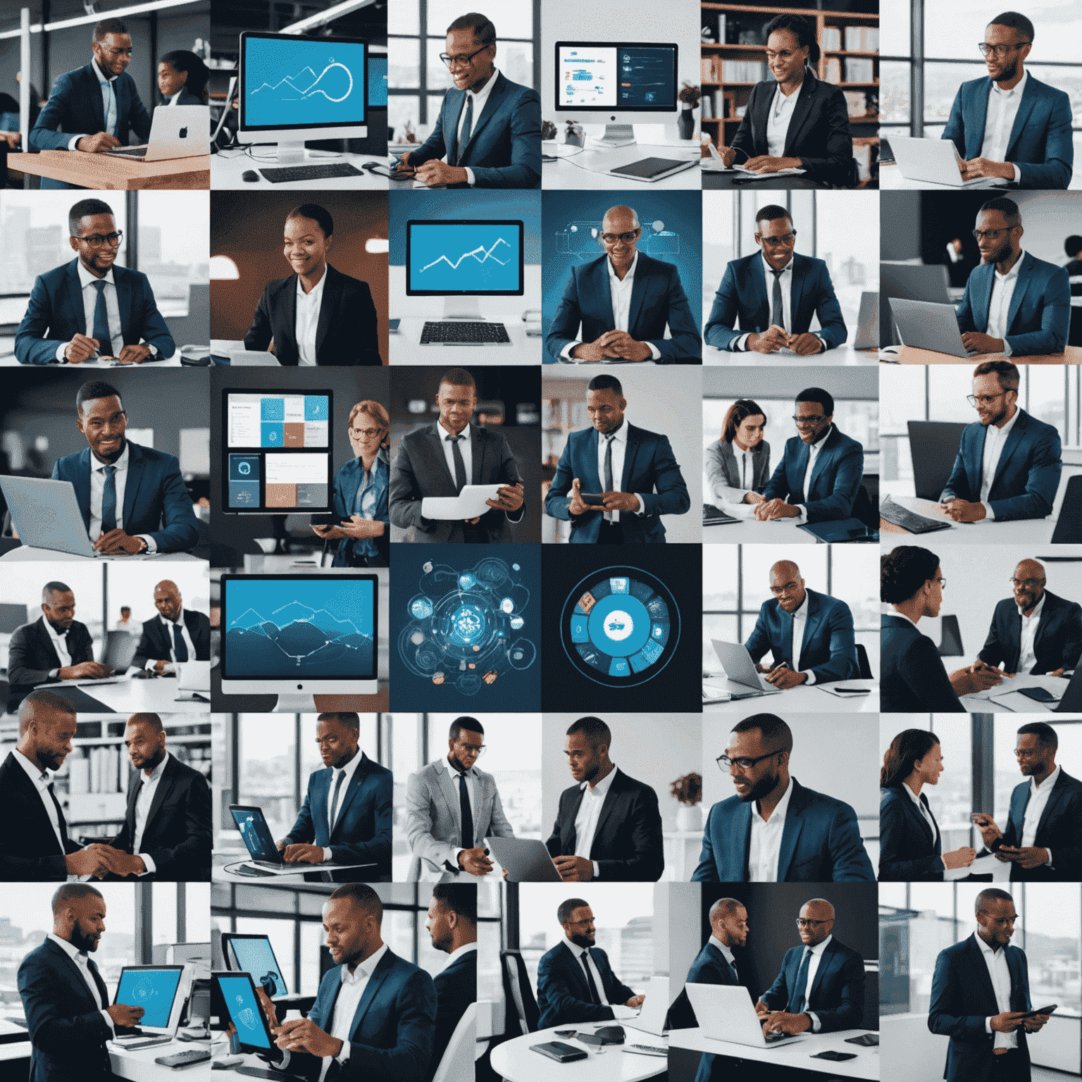 A collage of images showcasing various technologies used in modern South African businesses, such as cloud computing, mobile apps, AI, and data analytics