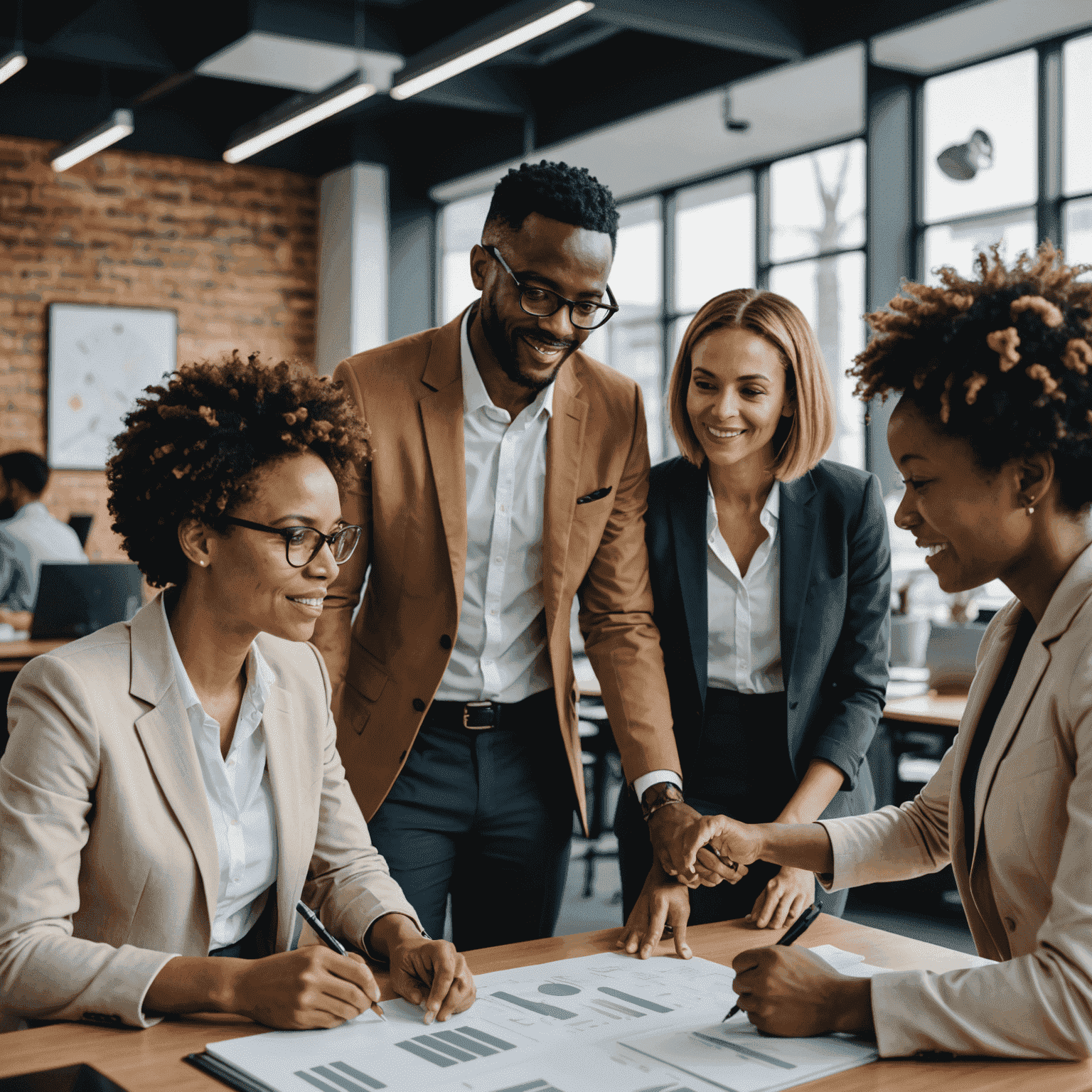 Diverse group of South African business professionals collaborating in a modern office setting, with a focus on sustainability and inclusivity