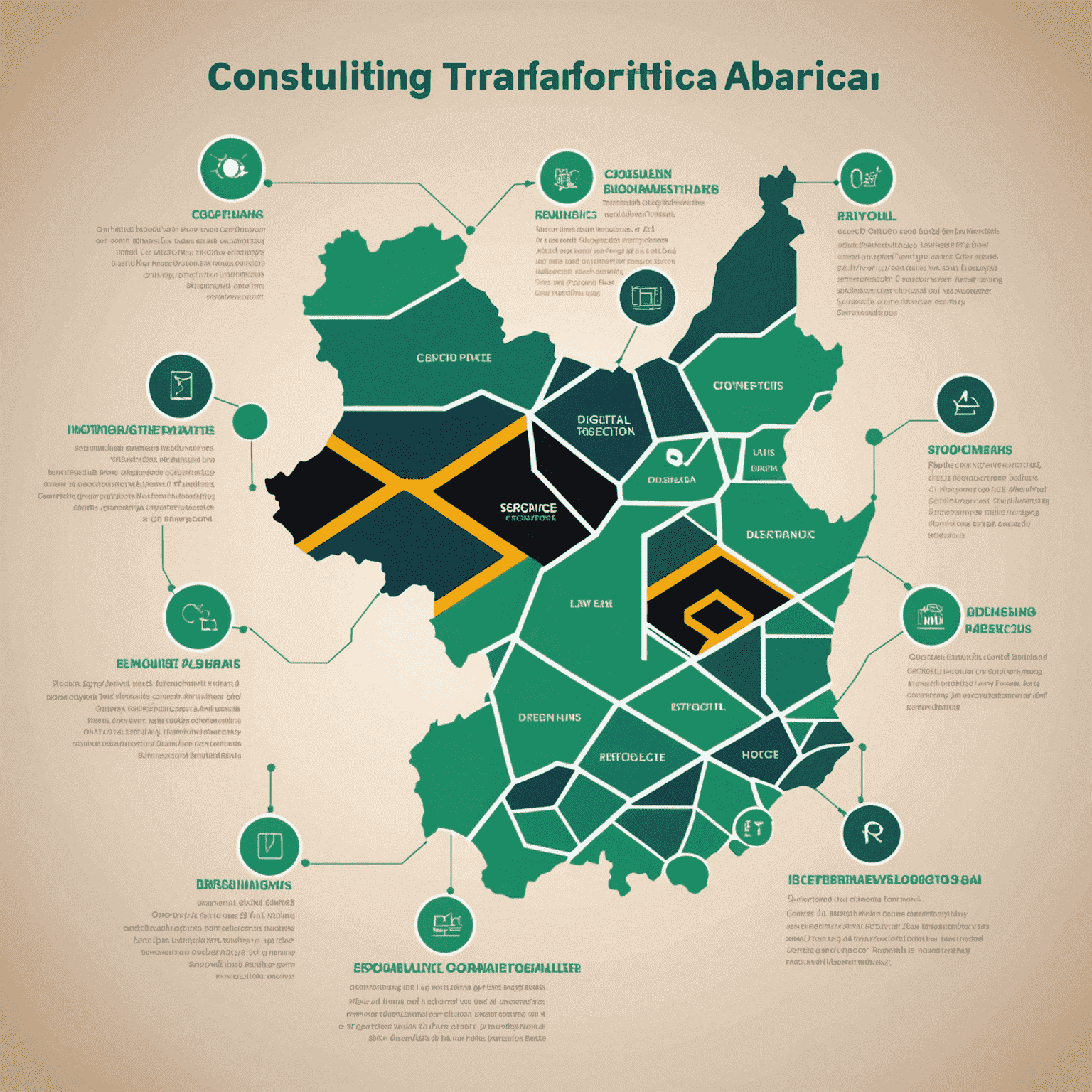 Graphic showing consulting trends in South Africa, including digital transformation, data analytics, and sustainability