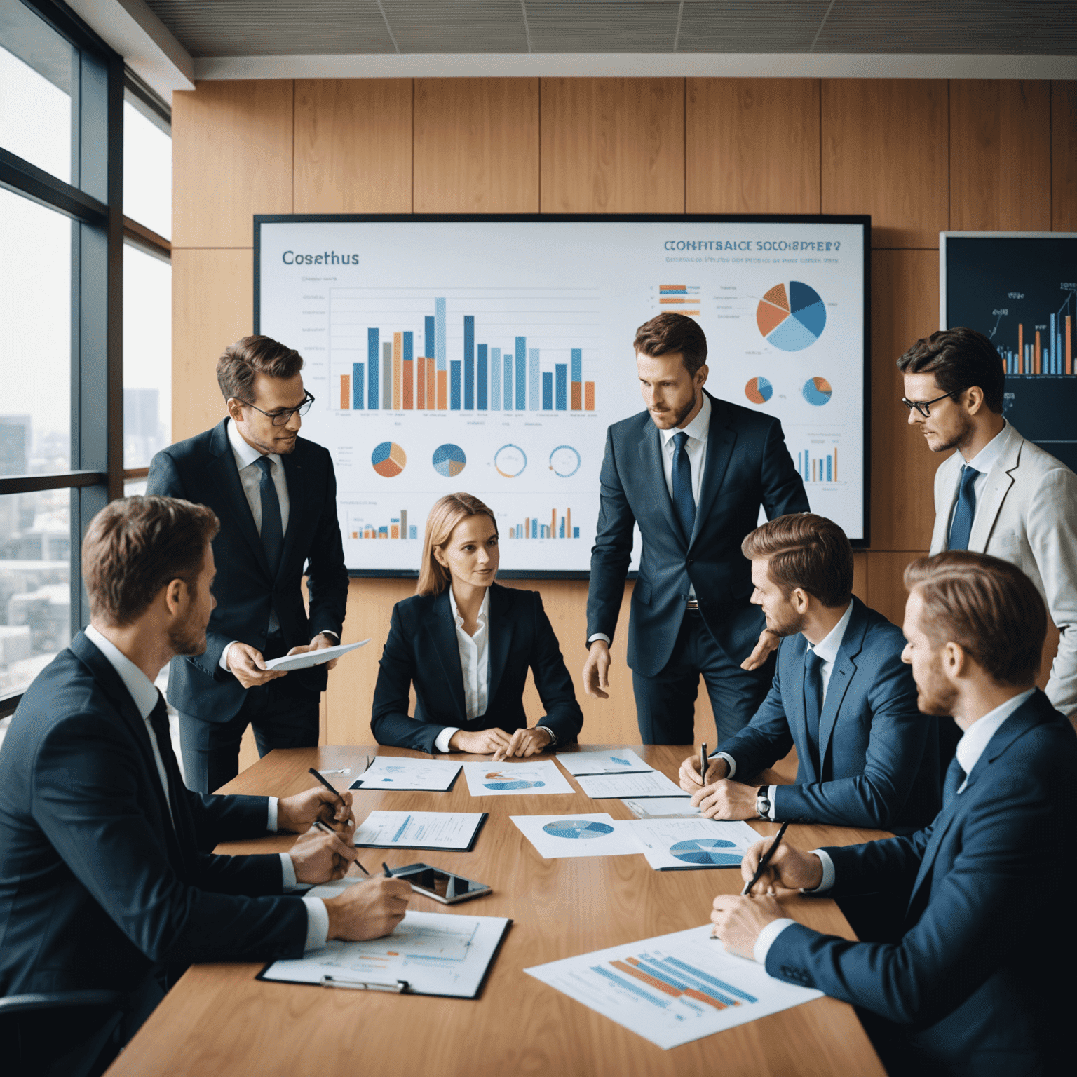 A team of business professionals discussing a strategic plan around a conference table, with charts and graphs displayed on a screen in the background.