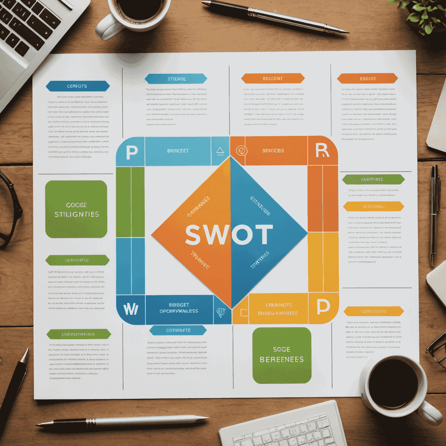 SWOT analysis diagram showing strengths, weaknesses, opportunities and threats for a business