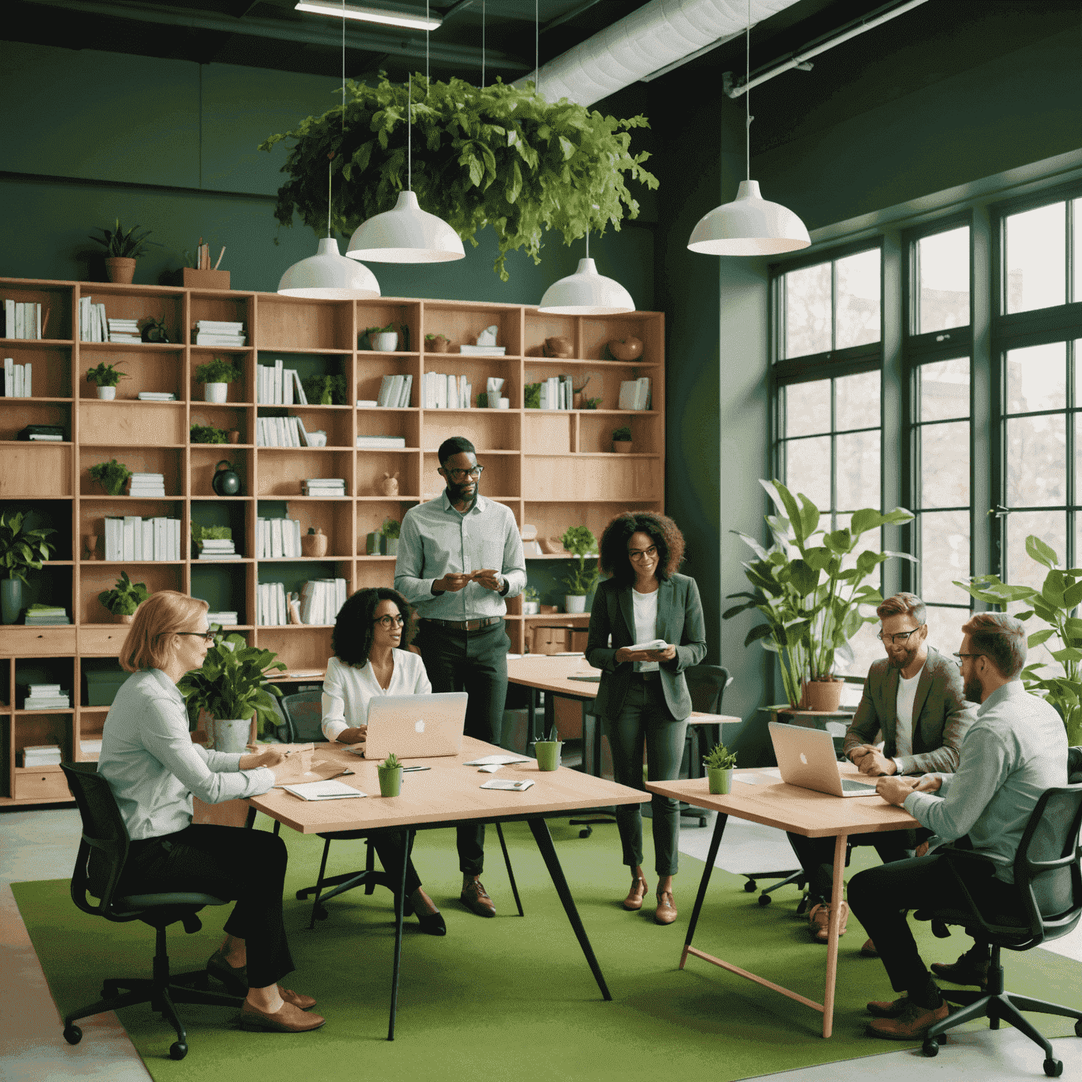 A diverse group of employees collaborating in a green office environment, symbolizing a sustainable and inclusive business approach.